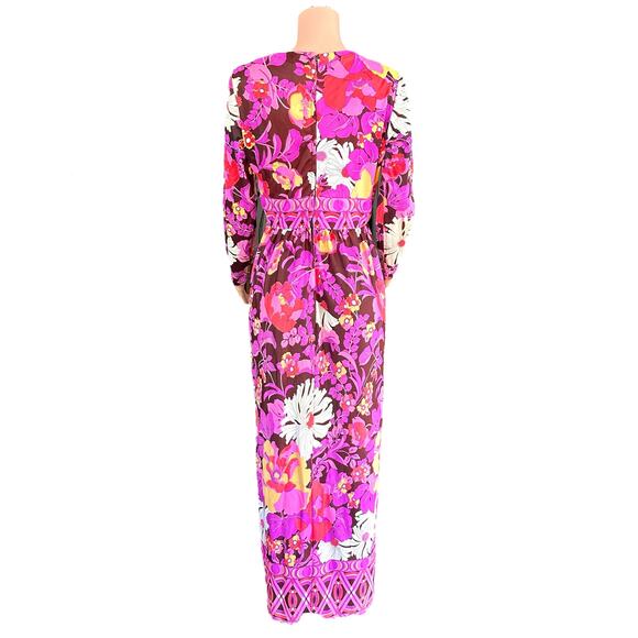 Vintage 60s 70s Psychedelic Mod Style Pink Mod Flower Maxi Dress Hostess Gown - Picture 10 of 16